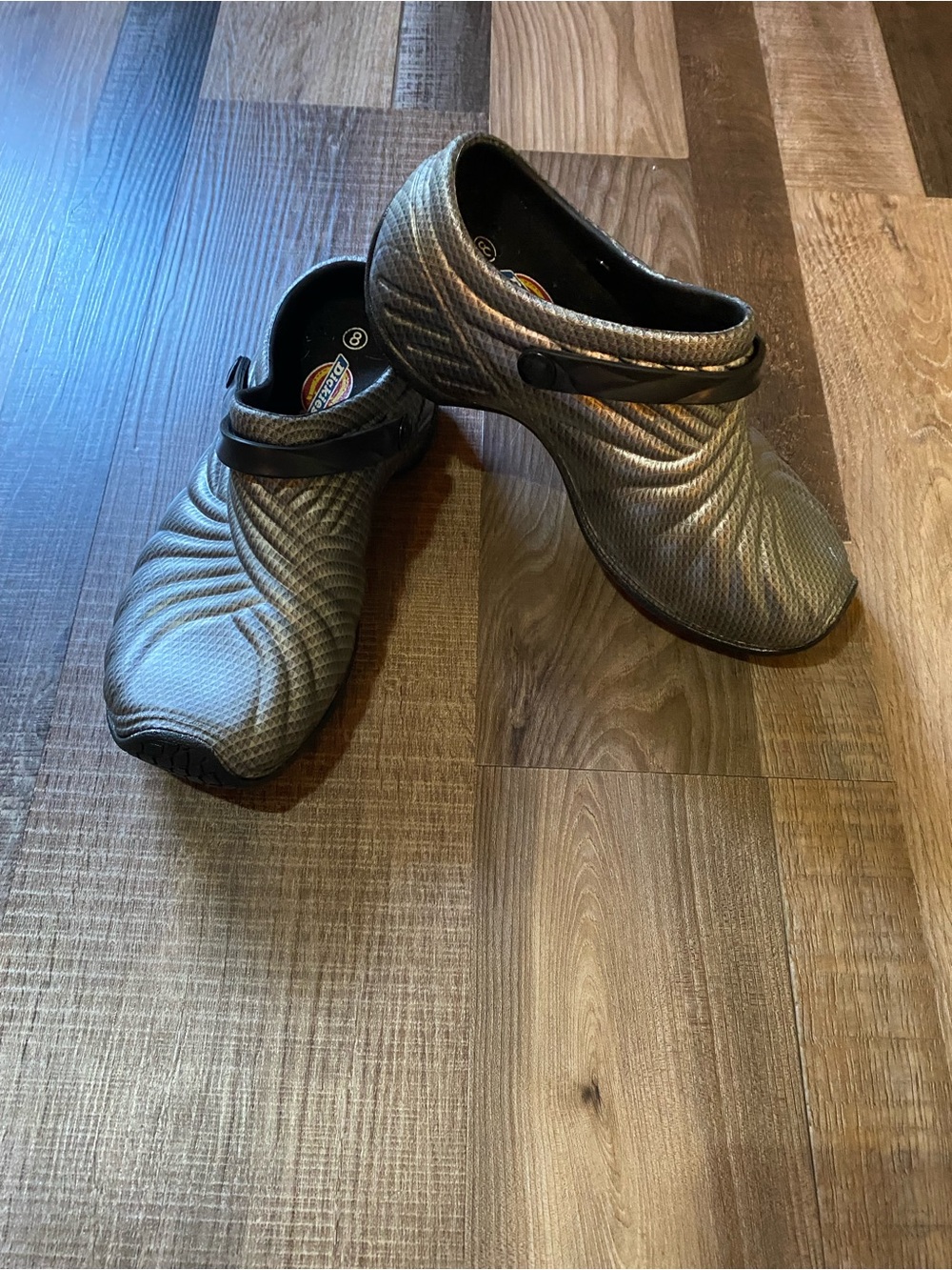 Dickies Silver Textured Clogs with Black Heel Strap
